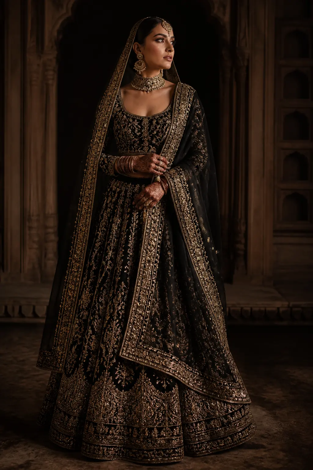 Bride in black and antique gold lehenga